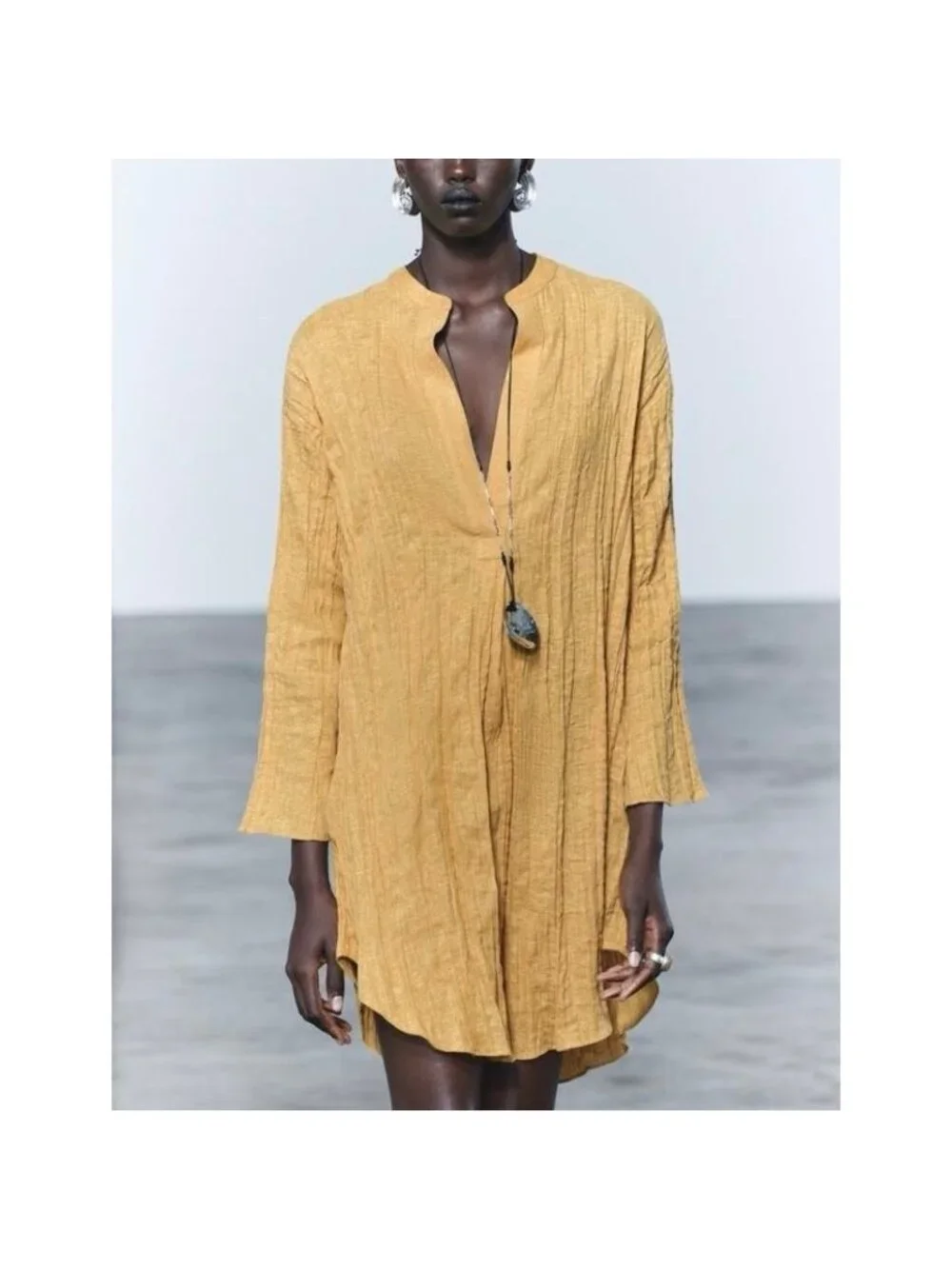 ZARA PLEATED LINEN BLEND TUNIC DRESS ZW COLLECTION Boho Mustard Yellow XS